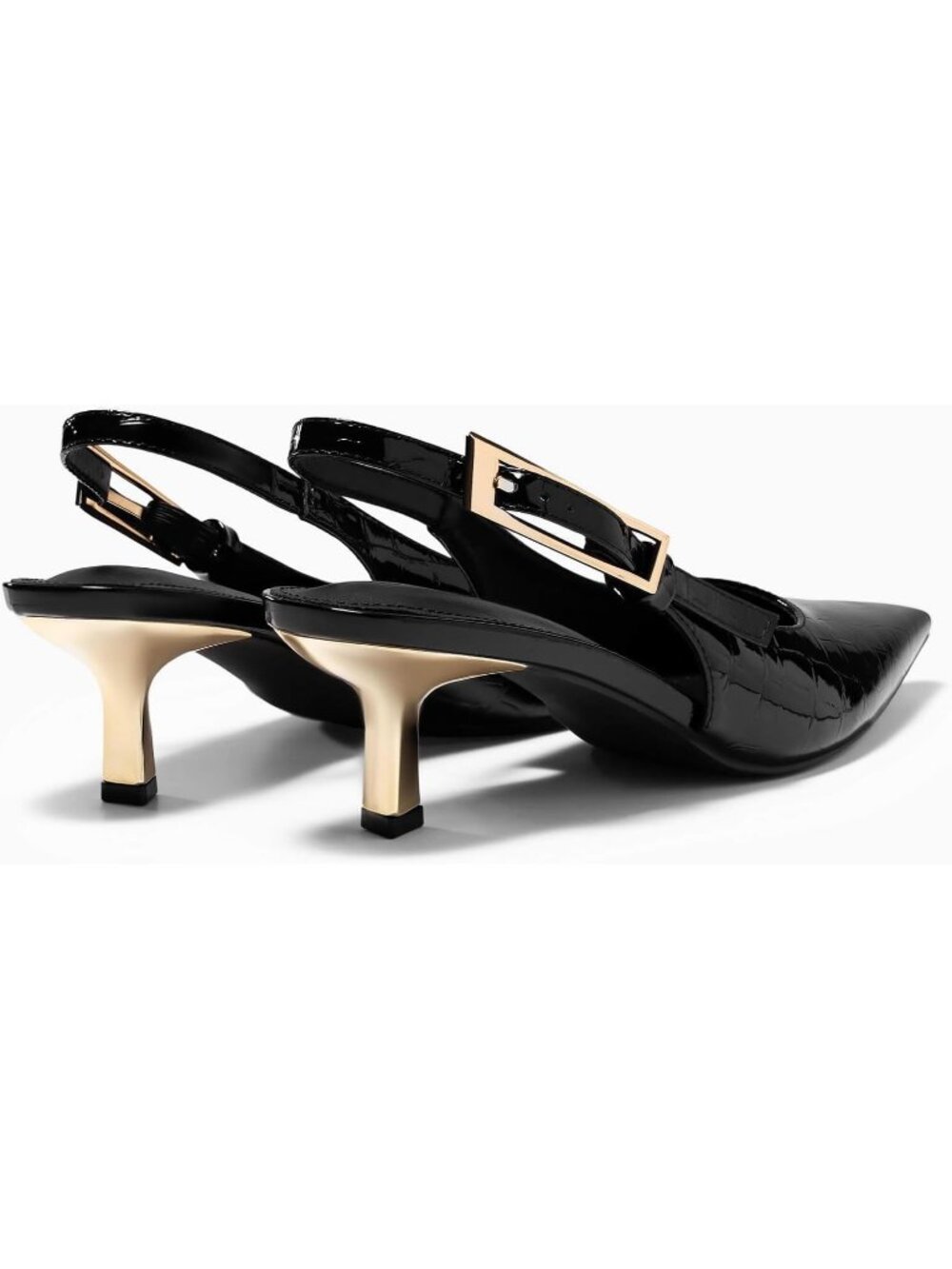Women's Black Croc Slingback Kitten Heels Closed Pointed Toe Buckle Strap Pumps - Picture 5 of 5
